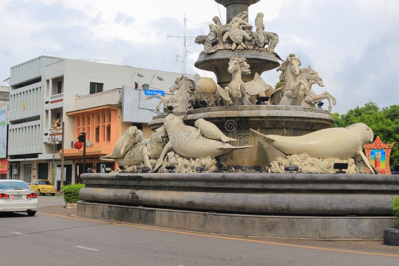 Trang, Thailand - June 15, 2017: Trang dugongs traffic circle the landmark that every tourist