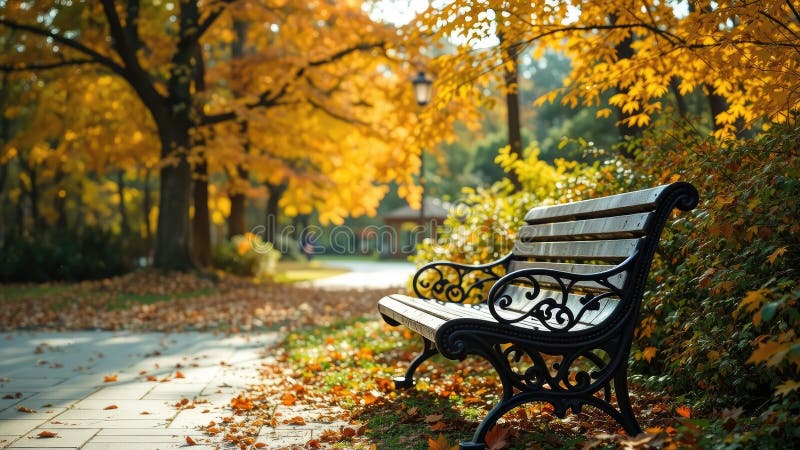Tranquil Autumn Scene and Empty Park Bench in Golden Sunlight royaltyfri illustrationer