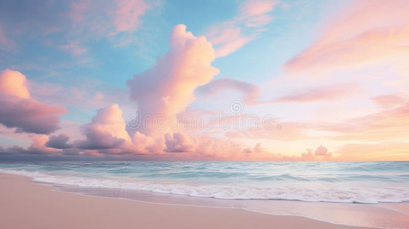 A tranquil beach scene at dawn with soft pastel skies.