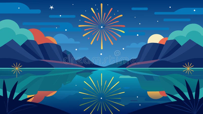 The tranquil beauty of a lake accentuated by the colorful sparks of fireworks reflecting on its peaceful waters a symbol of national pride.. Vector illustration AI generated