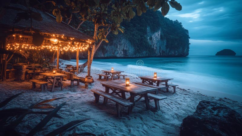 A tranquil evening awaits in the jungle, complete with a tropical beach picnic and torchlight dinner royalty free stock photos