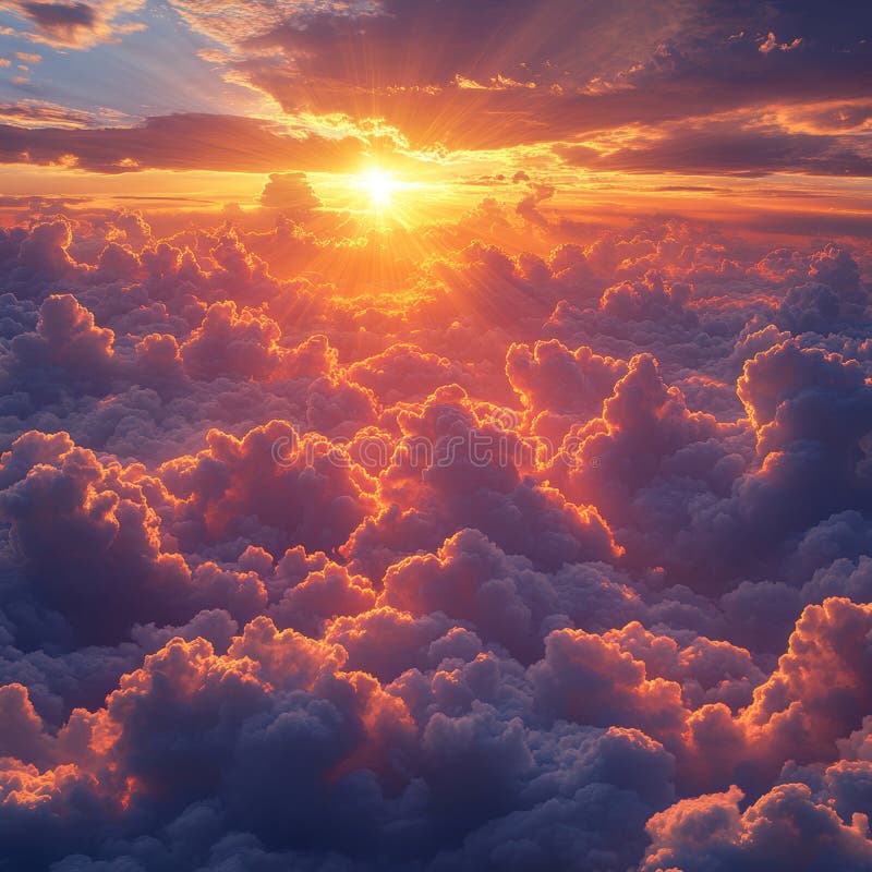 A tranquil evening flight view from an airplane window, showcasing a sunset with warm hues and scattered clouds royalty free stock images