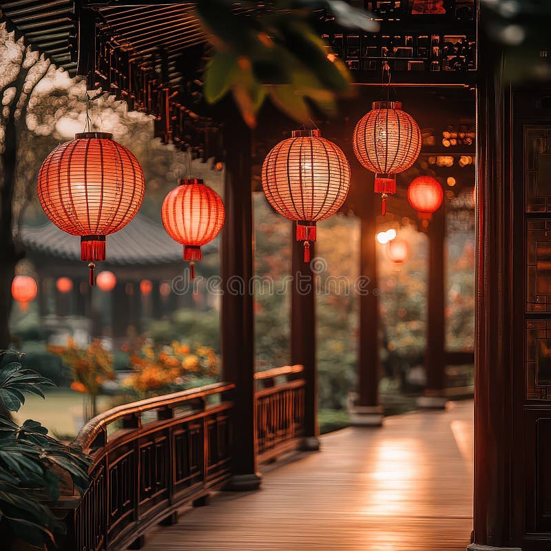 Tranquil Evening Garden Scene with Red Lanterns and Soft Lighting royalty free stock photos