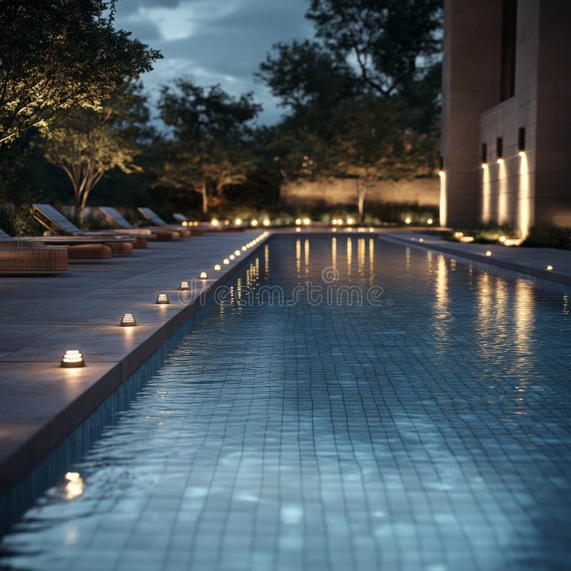 Tranquil evening poolside ambiance with luminous pathway lights stock image