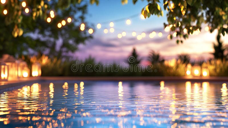 Tranquil evening poolside with twinkling string lights and peaceful water reflections stock photos
