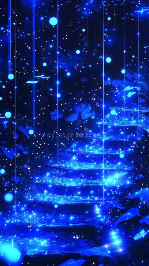 A tranquil evening setting features a mystical forest path illuminated by the starry night sky stock photos