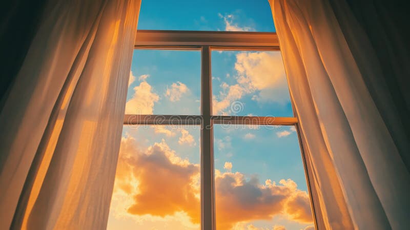 A tranquil evening sky viewed from behind curtained glass stock image