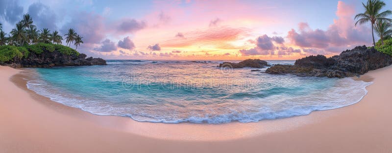 A tranquil evening on a tropical shore, where palm trees sway and gentle waves lap the shore stock photography