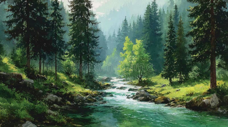 A tranquil forest setting features a gentle river winding through vibrant greenery. Tall trees frame the scene stock photography