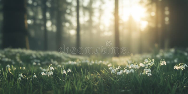 A tranquil forest snowdrops growing in the grass, bathed in soft sunlight trees. Blurred background spring forest new stock image