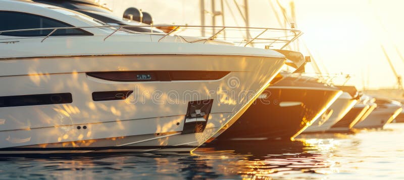 Tranquil harbor with sleek private boats at golden hour, offering space for text royalty free illustration