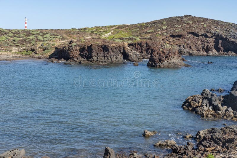 Tranquil landscape near Faro de Punta Abona, wild natural land with endemic flora, surrounded by volcanic coast. Walking route connecting Abades and El Poris