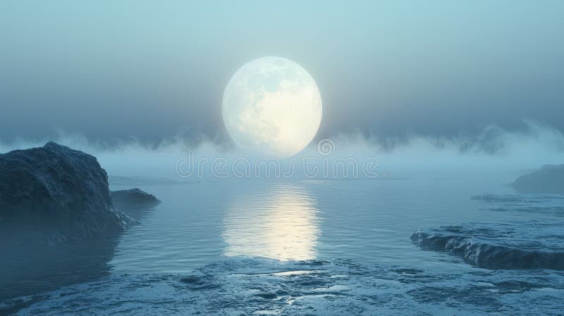 Tranquil moonlit ocean scene with mist stock image