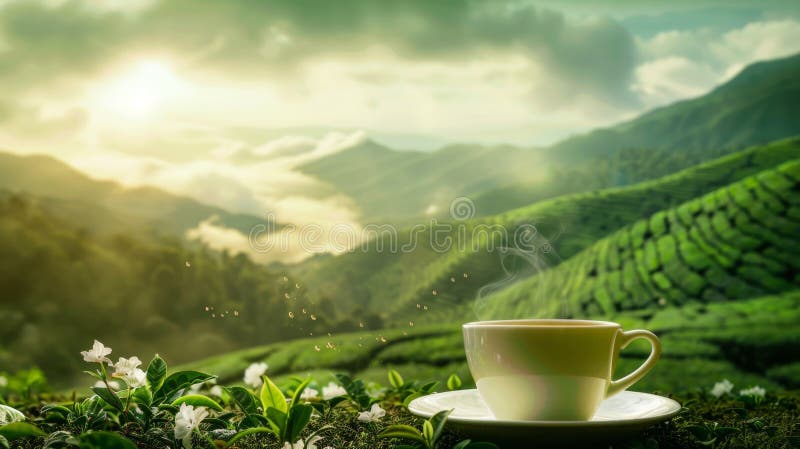 Tranquil Mounte Teplantation, grön tekopp på lush-fält perfekt för text-serenlandskap royaltyfri illustrationer