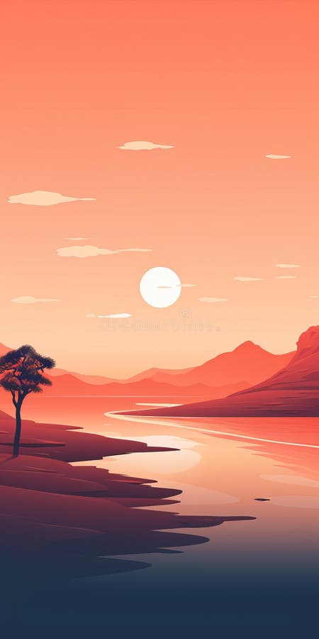 Tranquil Ocean Sunset: Minimalistic Desert Landscape Vector Illustration