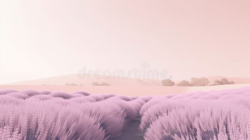 Tranquil purple lavender field with a distant hill under a pink sky at dusk. stock illustration.