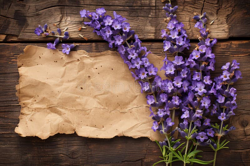 Tranquil purple lavender field with empty paper sign on rustic wooden background stock illustration
