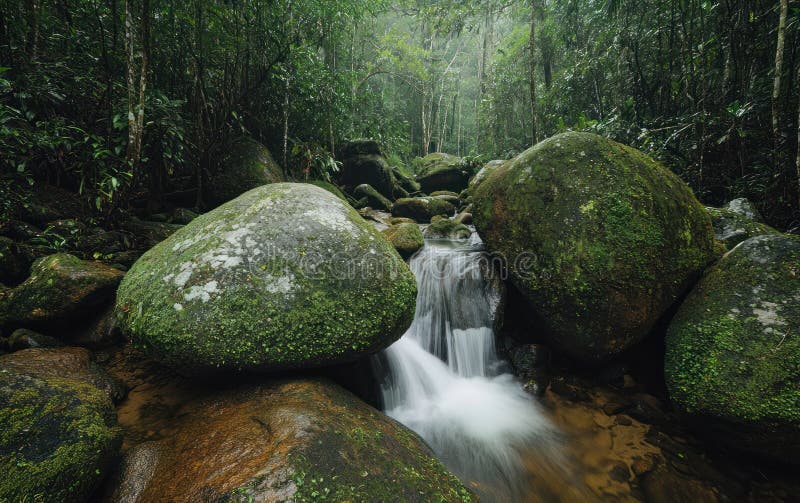 Tranquil Rainforest Stream och Mossy Rocks vektor illustrationer