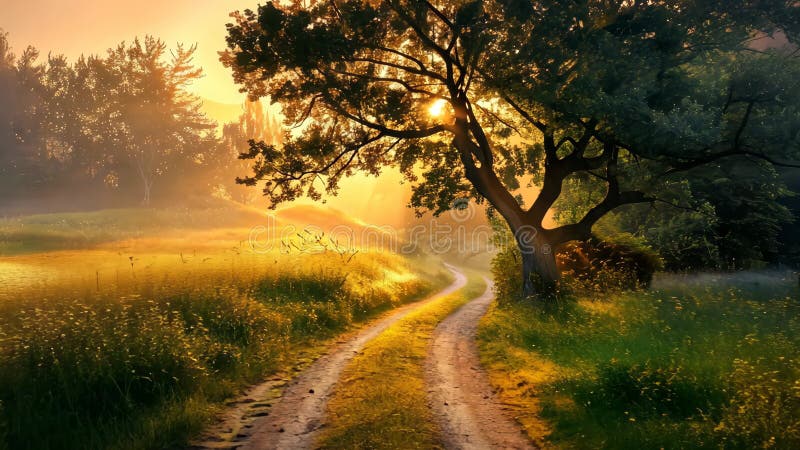 A tranquil rural path at sunrise surrounded by lush greenery and gentle sunlight vector illustration