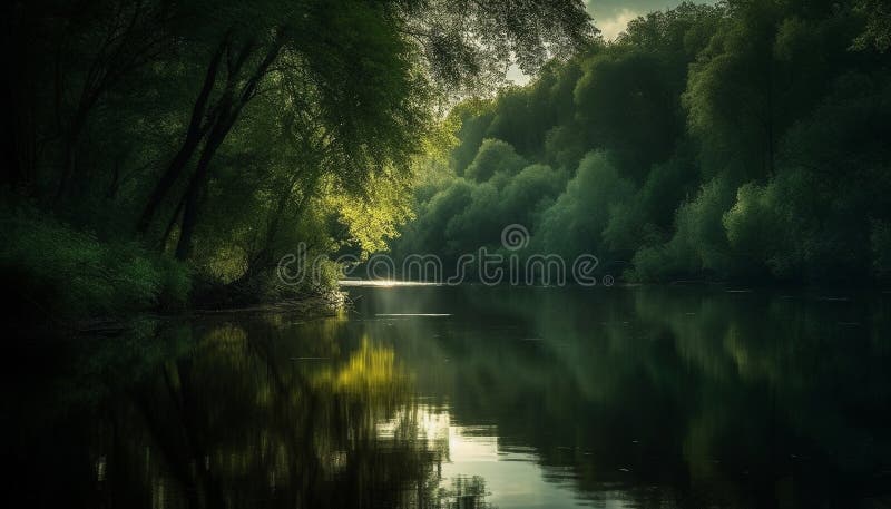 Tranquil scene of beauty in nature green meadow, reflection pond generated by AI royalty free illustration