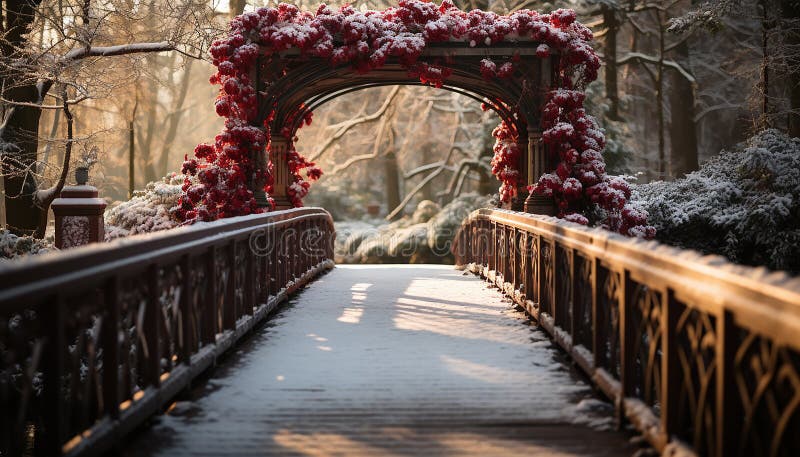 Tranquil scene old fashioned lantern illuminates rustic bench in a formal garden generated by AI royalty free stock image