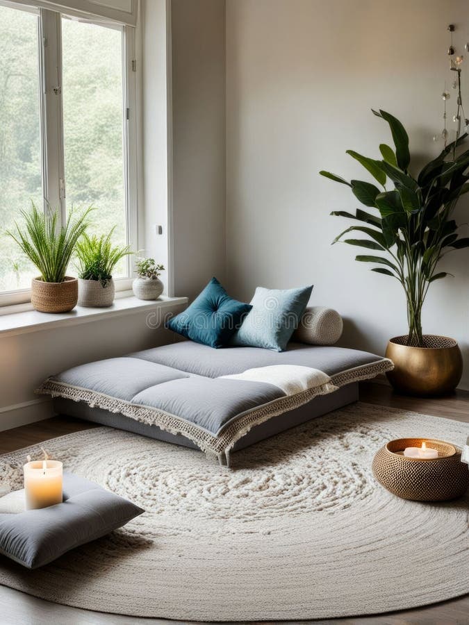 Tranquil setting featuring plush cushions, warm candle glow, and lush greenery. Natural light fills the room, creating a royalty free stock photo