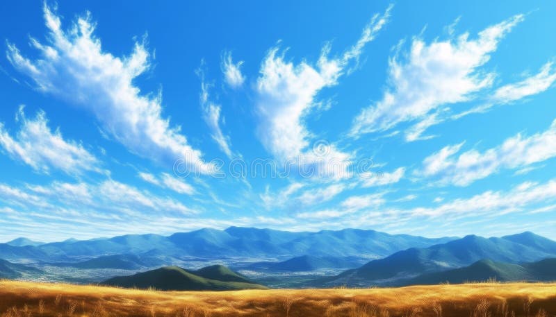 Tranquil sommardag Vacker Azure Sky Fluffy Clouds Mountain Range Sunny Daytime royaltyfri illustrationer
