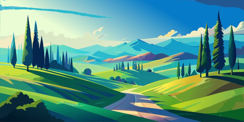 Tranquil Spring Hill Scene with Lush Pines and Tall Cypresses stock illustration