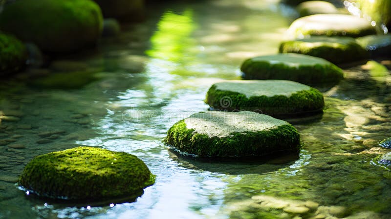 Tranquil Stepping Stones in the Mossy Stream ilustracja wektor