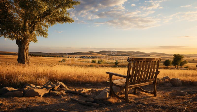 Tranquil sunset meadow, resting on old rustic wooden bench generated by AI