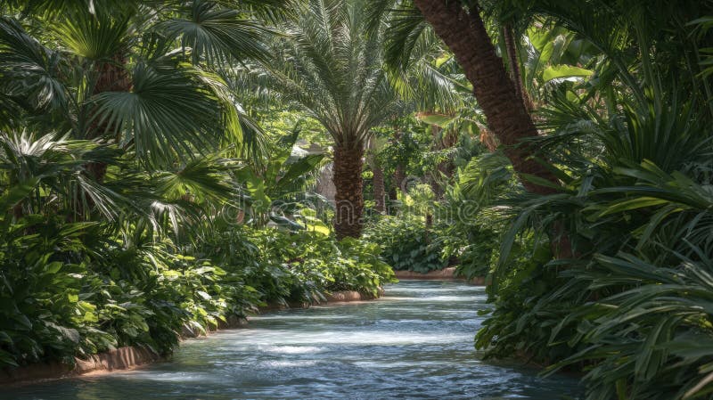 Tranquil Tropical Rainforest Stream Sunlight Dappled Shadows Lush vektor illustrationer
