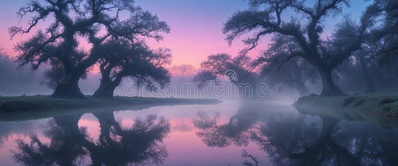 Tranquil twilight landscape of waterfalls and majestic trees by a floating pool reflecting the sky royalty free stock photo