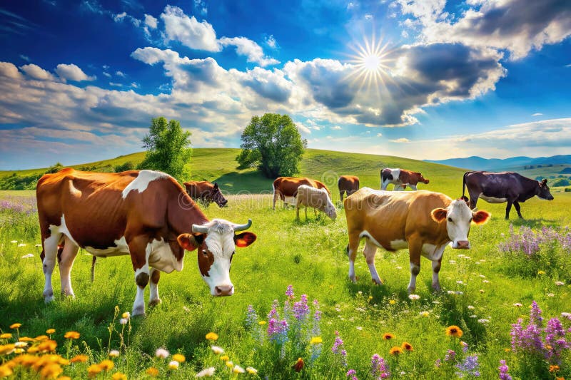 Tranquilas vacas lecheras brillando en una exuberante pastelería de verano verde una serena fotografía paisajística rural stock de ilustración