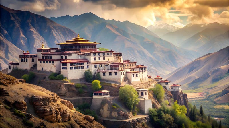 Tranquility in the Mountains: A Visual Depiction of a Buddhist Monastery&#x27;s Serene Setting generative AI royalty free stock image.