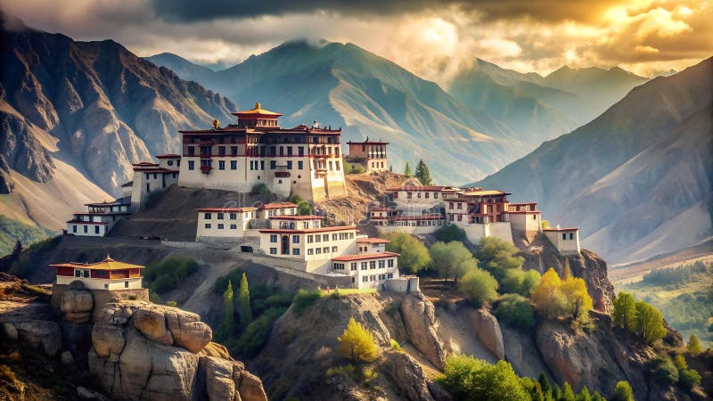Tranquility in the Mountains: A Visual Depiction of a Buddhist Monastery&#x27;s Serene Setting generative AI royalty free stock images.