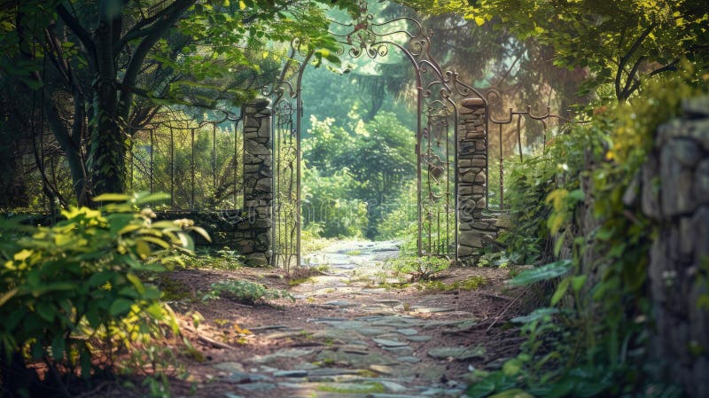 Secret garden&#x27;s tranquility found through a vintage gate and stone path to solitude. Private retreats. AI generated. Secret garden&#x27;s tranquility found through a vintage gate and stone path to solitude. Private retreats. AI generated