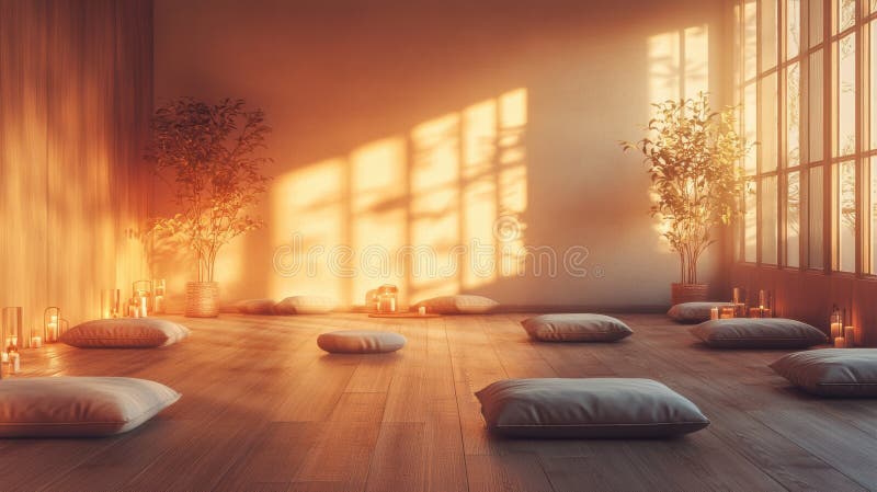 Tranquillità sala di meditazione con cuscini candele concetto di apertura per una calma e una pace fotografie stock libere da diritti