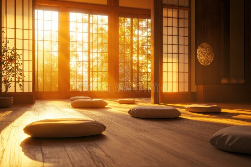 Tranquillità sala di meditazione con luce morbida e cuscini da pavimento in un ambiente giapponese immagini stock
