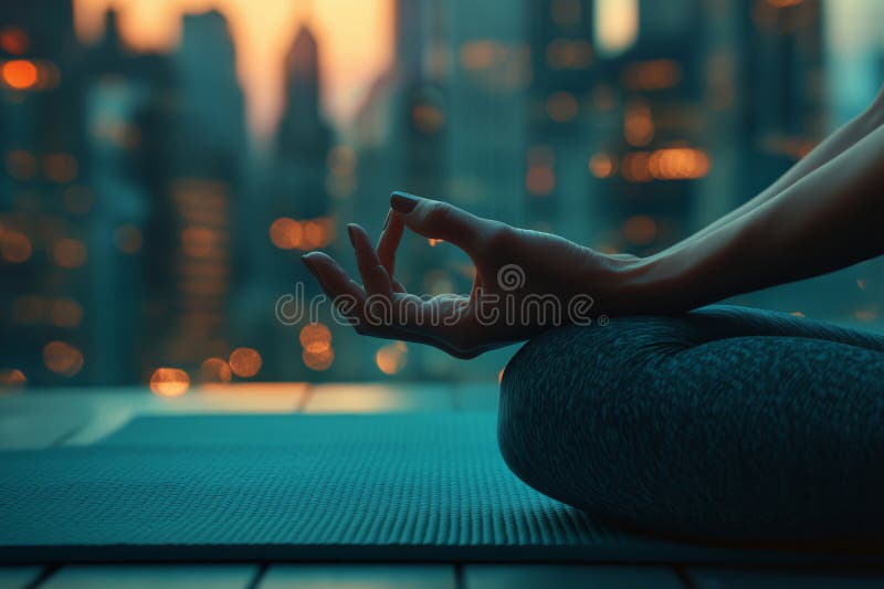 Tranquillo momento di meditazione al crepuscolo con le mani in una posa di yoga contro uno splendore della città immagini stock libere da diritti