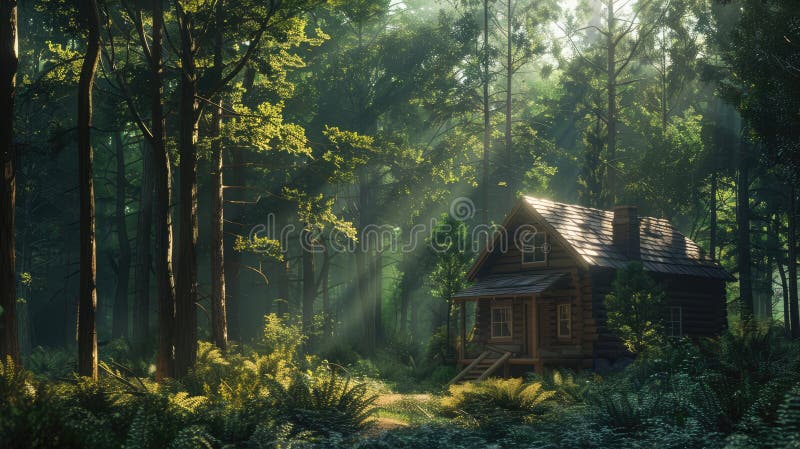 Tranquil cabin retreat in the heart of the forest, with sunlight creating a serene atmosphere. Private retreats. AI generated. Tranquil cabin retreat in the heart of the forest, with sunlight creating a serene atmosphere. Private retreats. AI generated