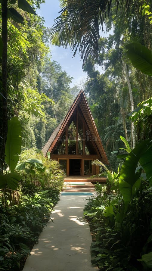 Tranquilo refugio de yoga en medio de la exuberante arquitectura de bambú de la jungla fotos de archivo