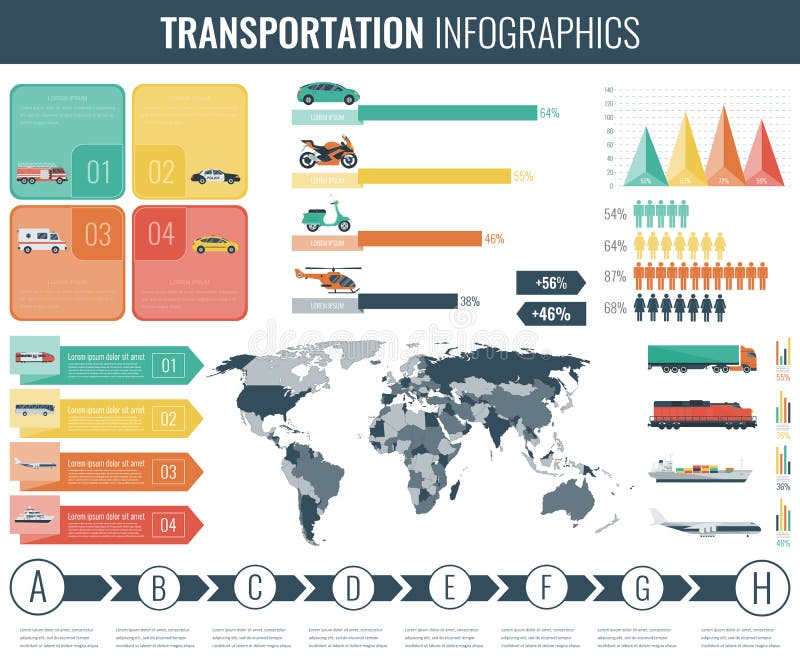Trans.Infographics uppsättning Individ och kollektivtrafik med världskartan, grafer och diagram vektor vektor illustrationer Trans.Infographics uppsättning Individ och kollektivtrafik med världskartan, grafer och diagram vektor vektor illustrationer