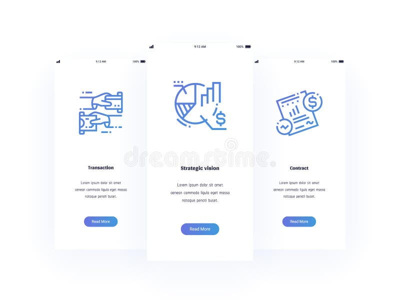 Transaction, Strategic vision, Contract Vertical Cards with strong metaphors. vector illustration