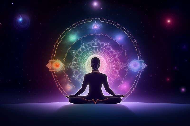 Transcendental chakras space meditation human silhouette. Generative AI