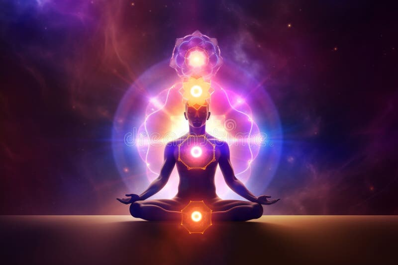 Transcendental chakras space meditation human silhouette. Generative AI