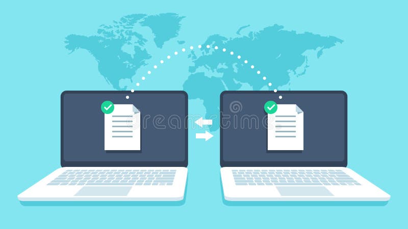Transfer de fișiere blocnotebookuri. receptor de fișiere FTP pentru transmiterea datelor și copie de backup pentru notebook. parta vector illustration