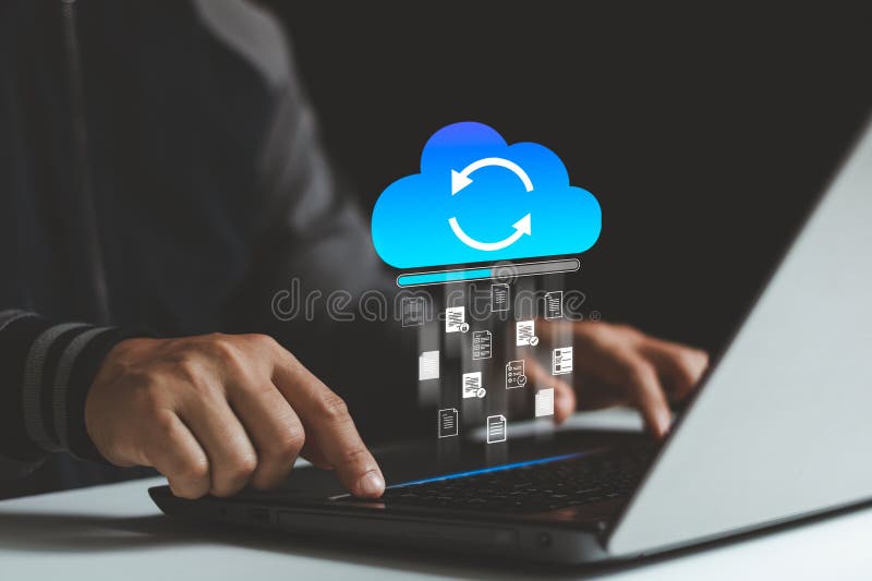 Transfer files data system relocation on cloud system technology concept. Business person hand using laptop computer royalty free stock photography