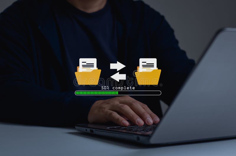 Transfer files data system relocation concept. Data transfer through cloud technology Exchange data stock image