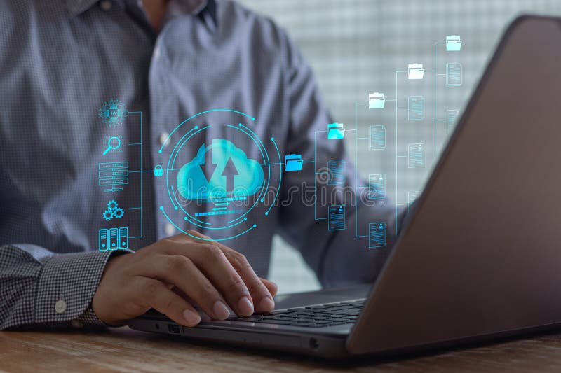 Transfer files data system relocation concept. Data transfer through cloud technology Exchange data stock image