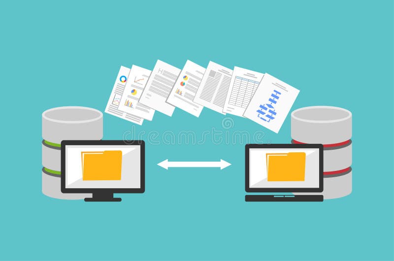 Transfer files. Sharing files. Backup files. Migration concept vector illustration